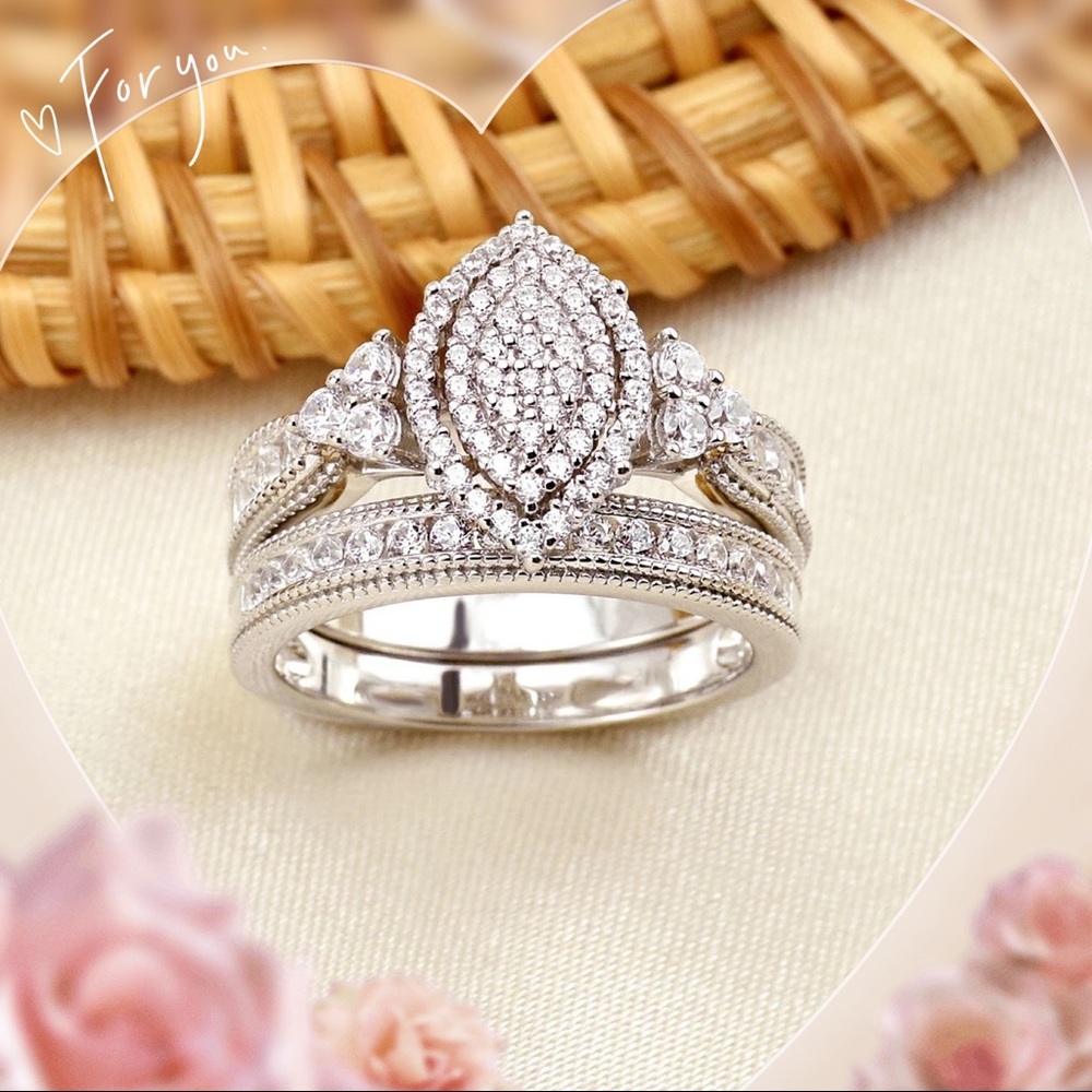 💕Two pieces Engagement ring Wedding band promise vacation bridal ring with box